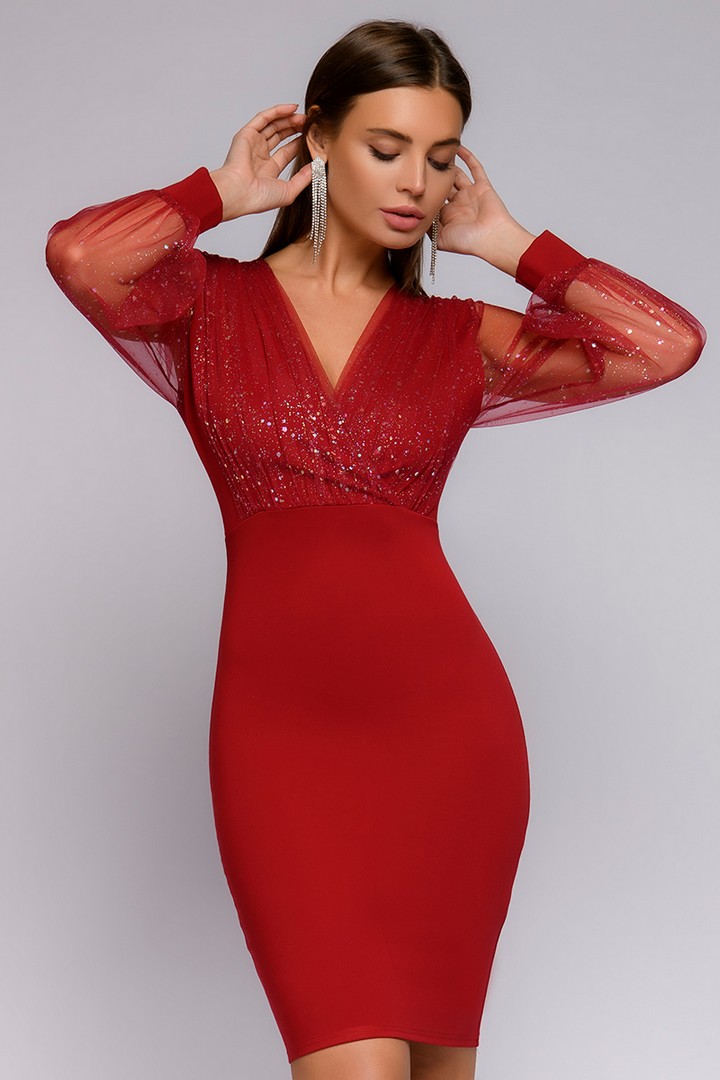 Фото товара 22263, платье красное длины мини с драпировкой и объемными рукавами из фатина